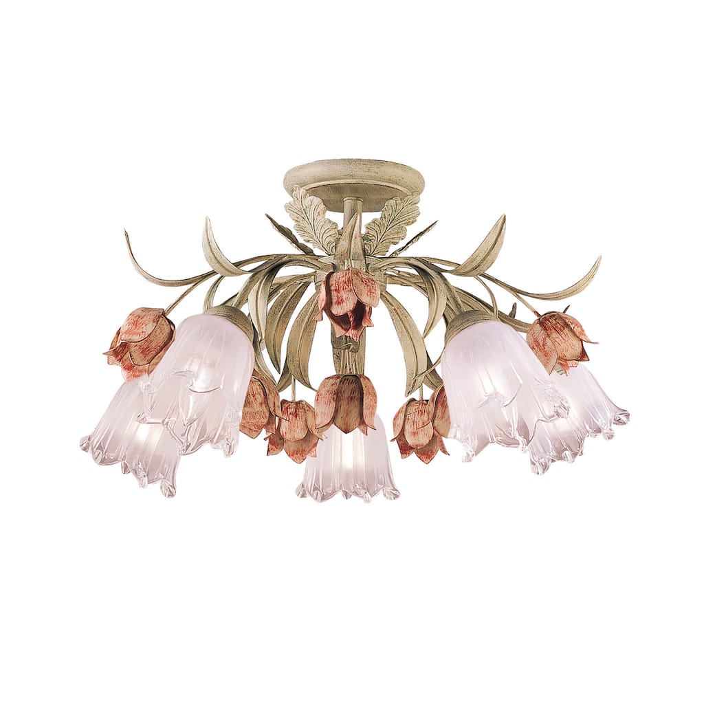 Southport 5 Light Sage Rose Floral Semi-Flush - 22'' W x 13'' H
