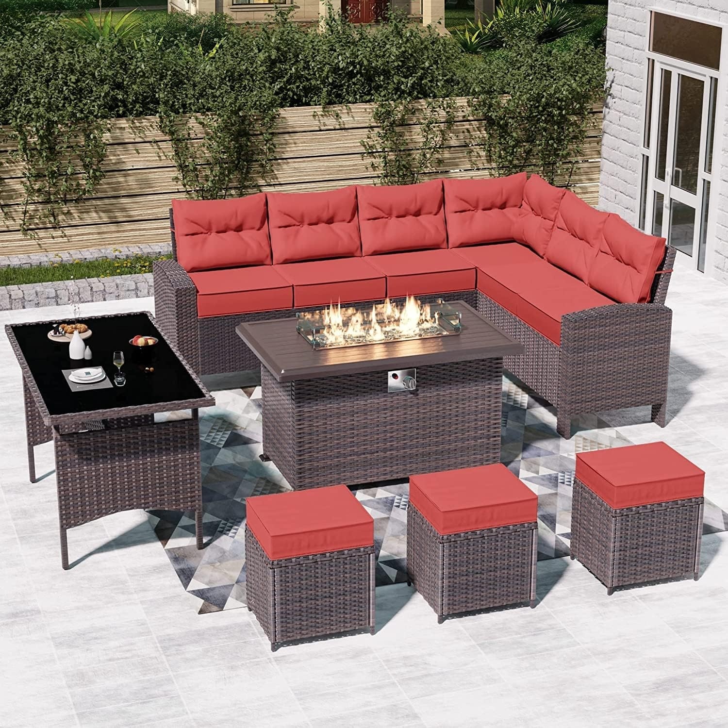 Kullavik 7 Piece Rattan Outdoor Sectional Conversation Patio Furniture Set, Wicker Sofa Dining Table with Chair, FirePit Table