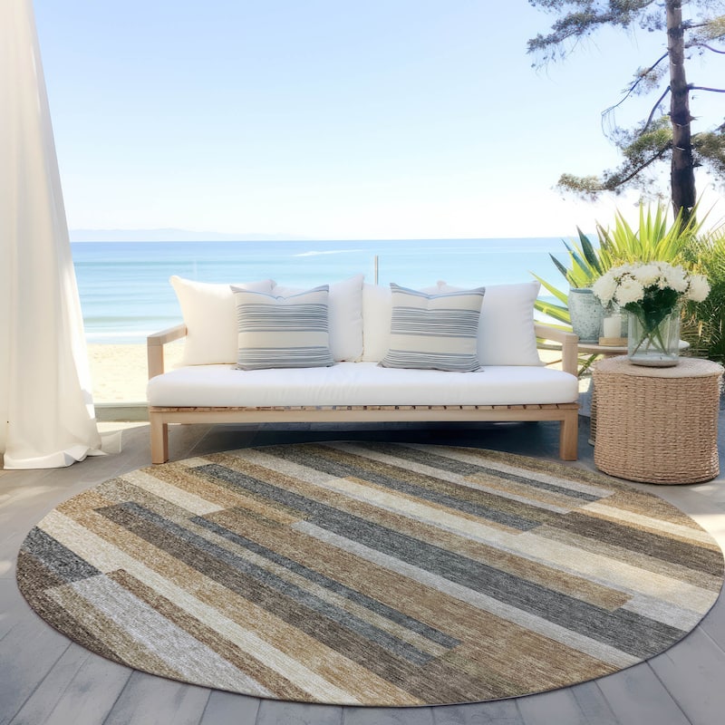 Machine Washable Indoor/ Outdoor Chantille Contempory Stripes Rug - Taupe - 8' x 8'