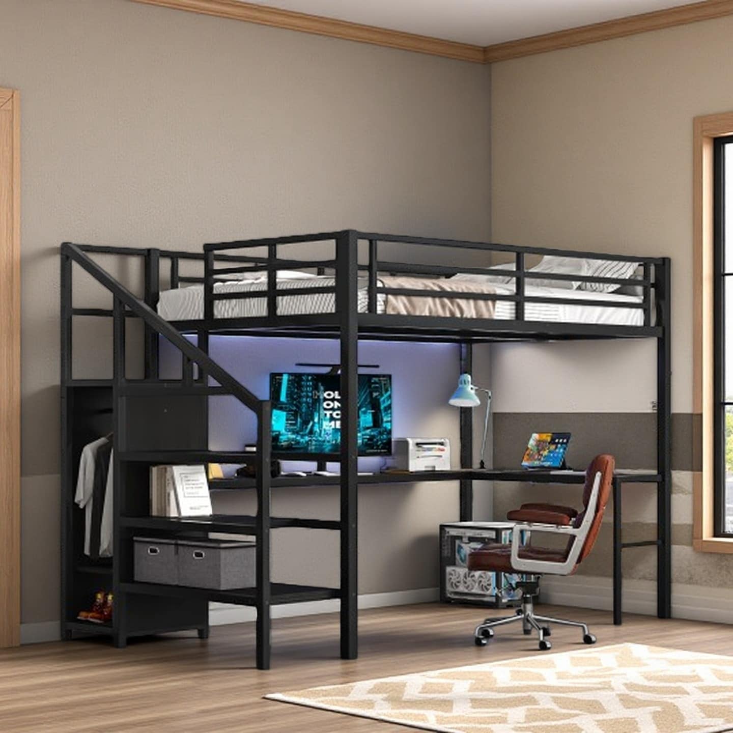 Full Size Metal Loft Bed Frame with Stair Storage, Built-In Closet, L-Shaped Work Desk, LED Lighting and USB Ports