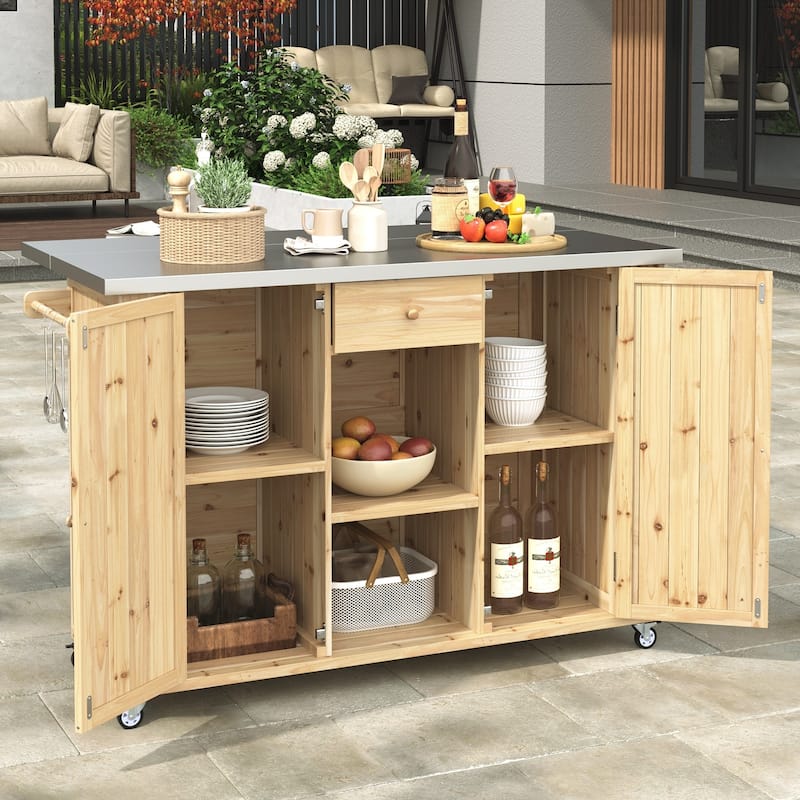 Outdoor Kitchen Island Fir Wood Kitchen Island with Stainless Steel Top, Ample Storage Space, Towel and Spice Racks