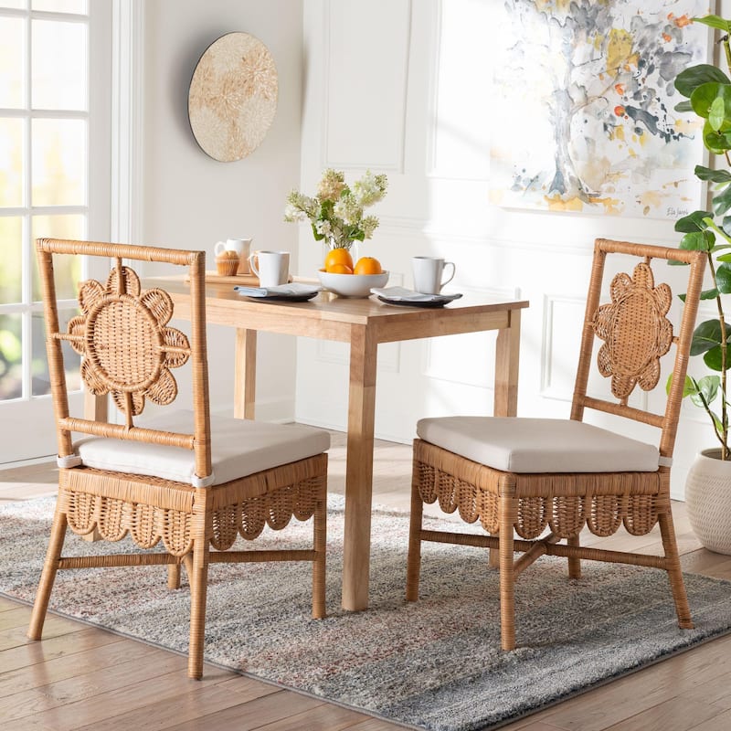 Abagale Natural Rattan Dining Chair - Handwoven Wicker Accent Side Chair with Floral Back and Removable Cushion