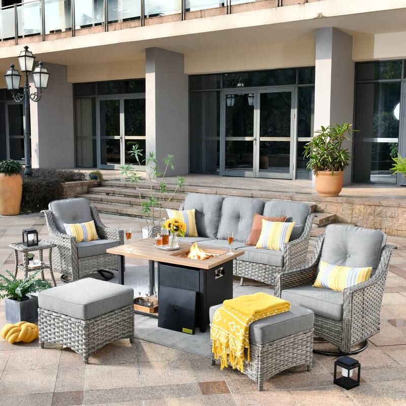OVIOS 7 Pieces Outdoor Wicker Curved Swivel Chair Set With Fire Table - Deep Gray