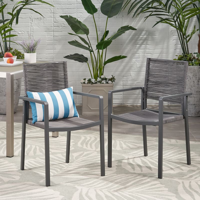 Outdoor Modern Dining Chairs Set of 2, All-Weather Rope Dining Chairs with Aluminum Frame for Dining Room - DARK GREY