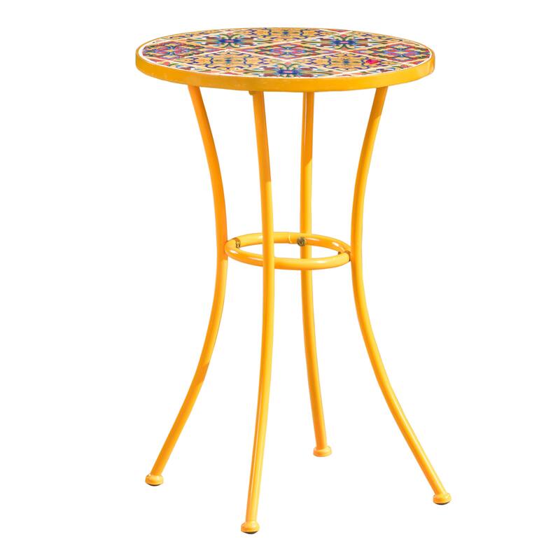 Outdoor Side Table with Tile Mosaic Table Top and Metal Legs, Yellow - 11.02