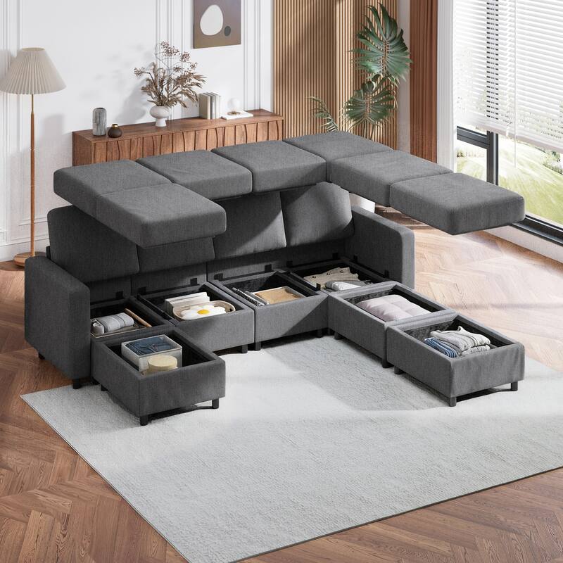 Erommy 6/7-Piece Modular Sectional Sofa – Reversible L-Shaped Couch with Hidden Storage, Space-Saving Living Room Furniture - Dark Gray - Reversible