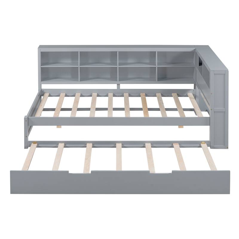 Wooden DayBed w/Trundle,DayBed w/Storage Shelf&USB Charging,Frame bed