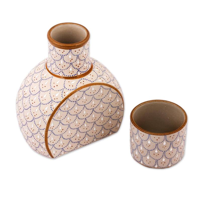 NOVICA Artisan Handblown Ceramic Carafe Pitcher With Cup Grey Beige Liquor Decanters 'Downy Dew'(2 Piece Set)