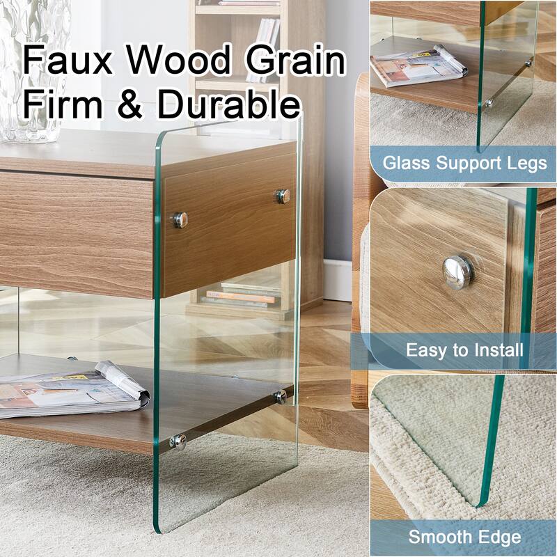 17.7" Modern Square Coffee Table with 1 Drawer and Tempered Glass Legs for Living Room