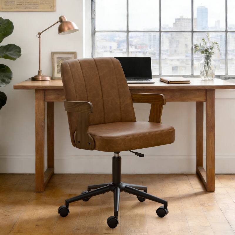 Swivel Home Office Chair Adjustable Height Desk Chair with Wheels and Armrests - 32.7"-36.6"H x 19.9"W x 22.8"D - Brown-PU back-Single