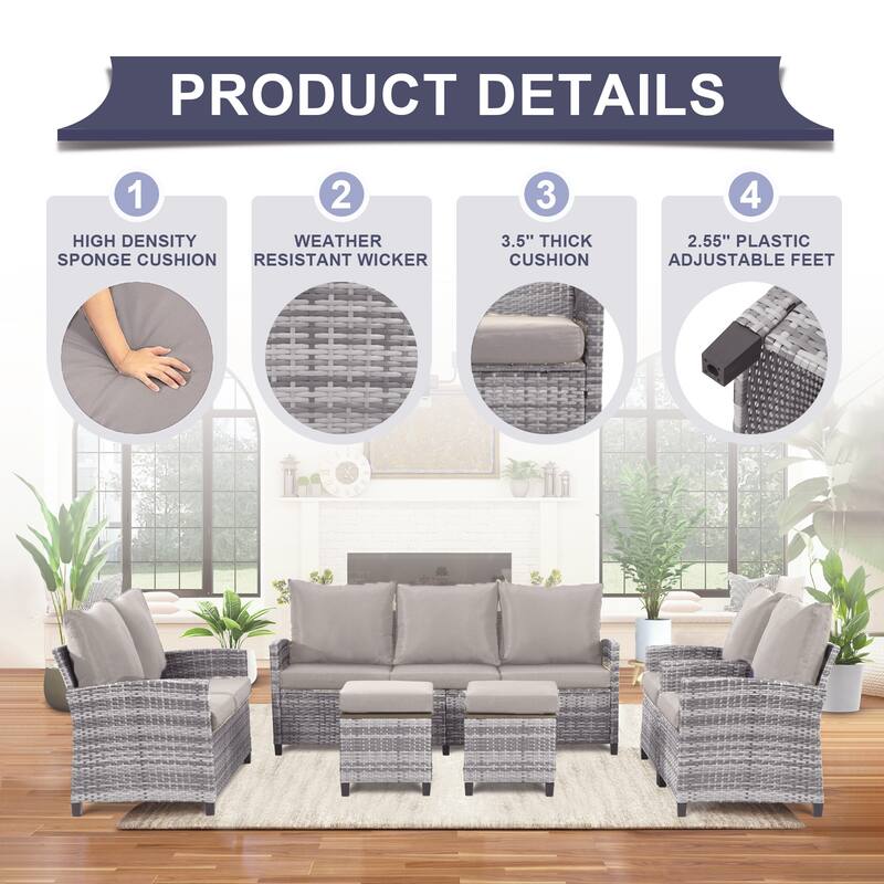 6pcs Wicker Patio Conversation Set Seating Loveseat Sofa with Ottomans