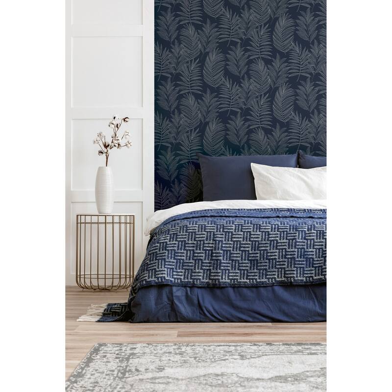 Linear Leaves Navy Wallpaper - 20.8 in. W x 33ft L - Double Roll