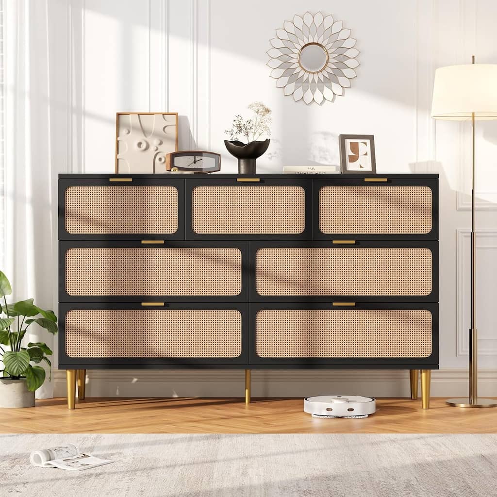 Rattan 7 Drawer Dressers TV Stand for Bedroom Living Room