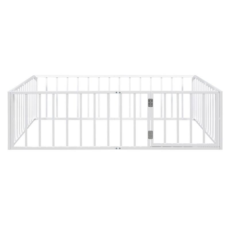 Twin/Full/Queen Size Floor Bed for Kids, Montessori Beds with Rails and Door, Metal Playhouse Bed Frame w/ Fence for Boys Girls