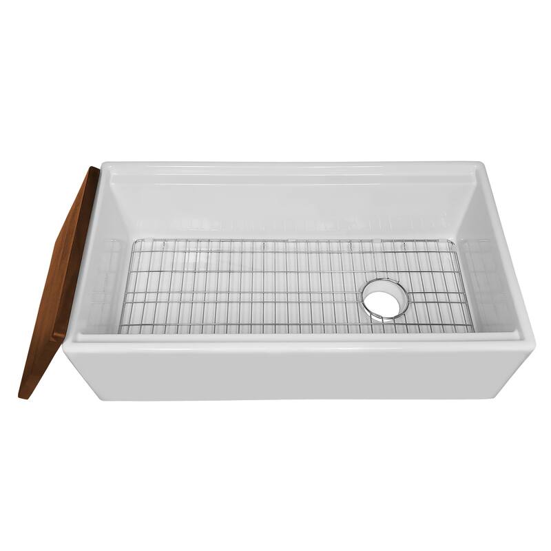 33" Reversible Single Bowl Fireclay Sink Set with a Smooth Front Apron, Walnut Wood Cutting Board and Stainless Steel Grid