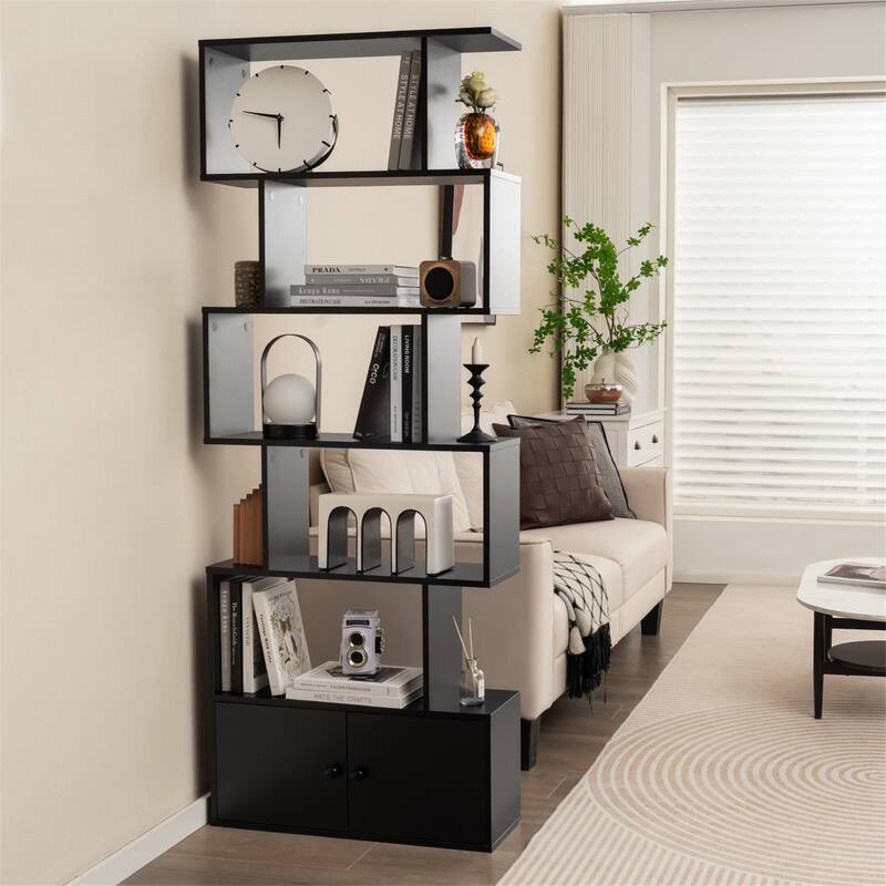 Gymax 2PCS 6-Tier Shaped Bookshelf w/ Cabinet 6-Tier Tall Bookcase w/