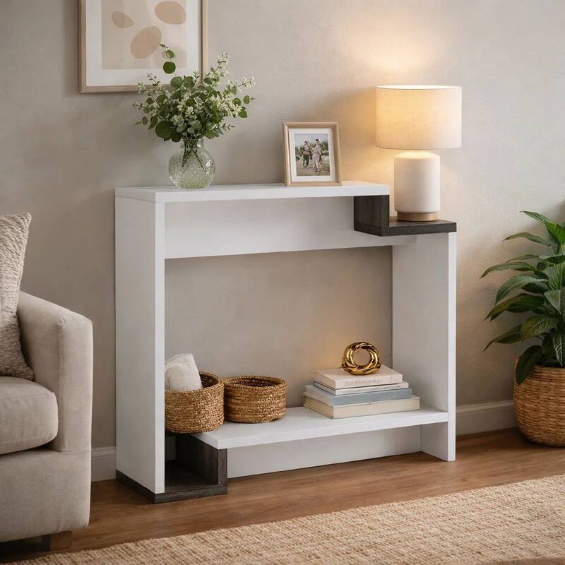 36 Inch Modern Console Table, Multilevel Wood Shelves, Gray and White