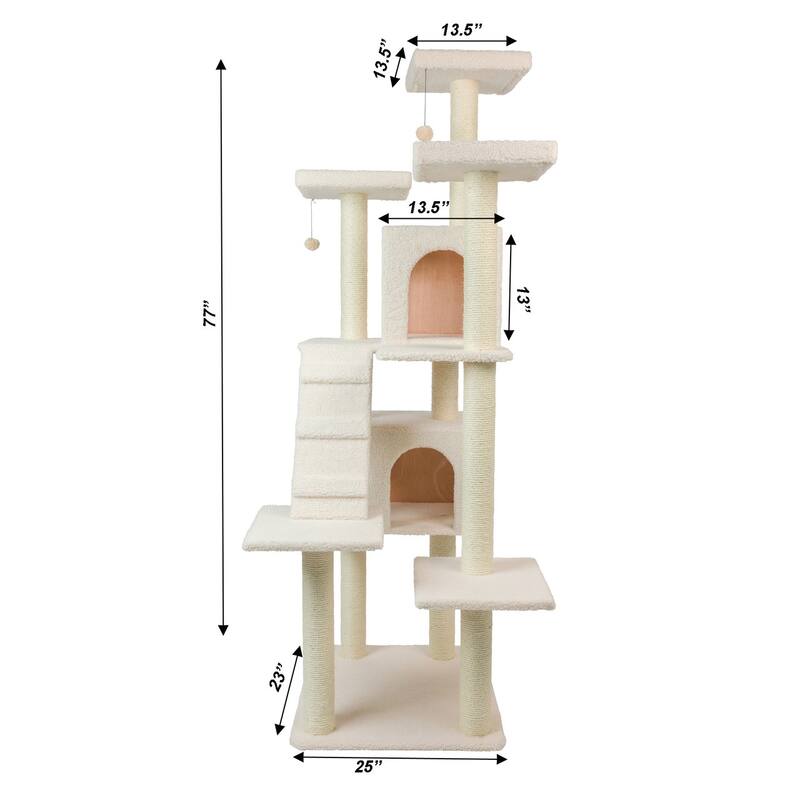 Classic Real Wood Cat Tree In Ivory,Multi Levels With Ramp - Ivory
