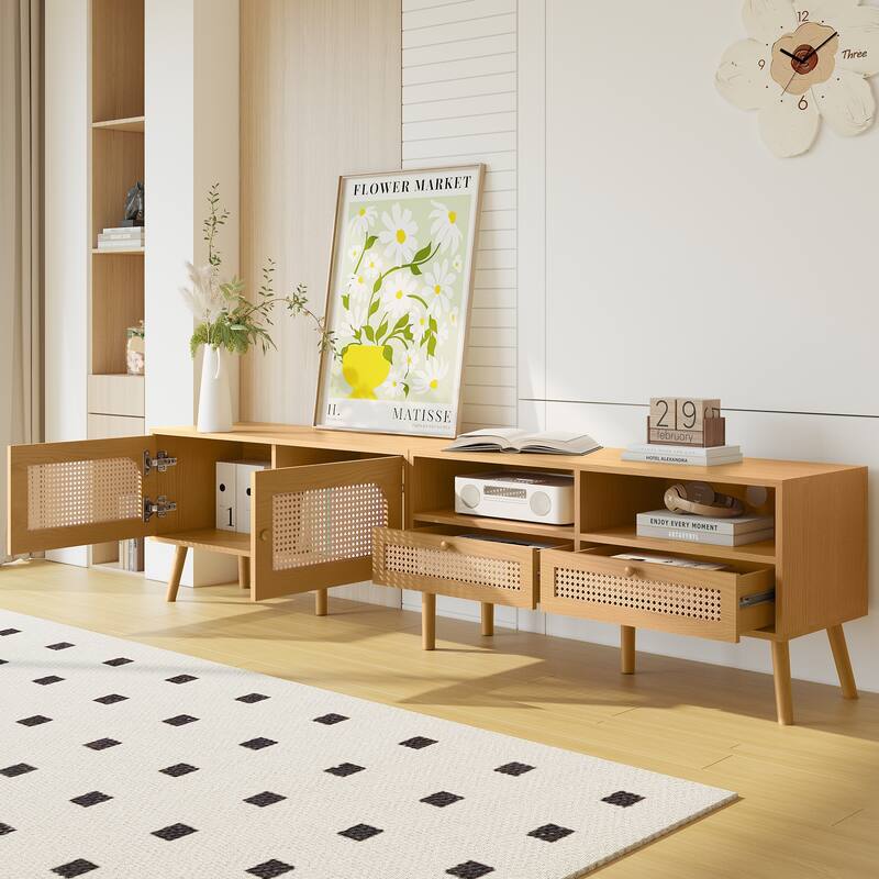 Roomfitters Boho TV Stand for 85" TVs, Farmhouse Media Console with Wood Legs, Entertainment Cabinet for Living Room, Natural