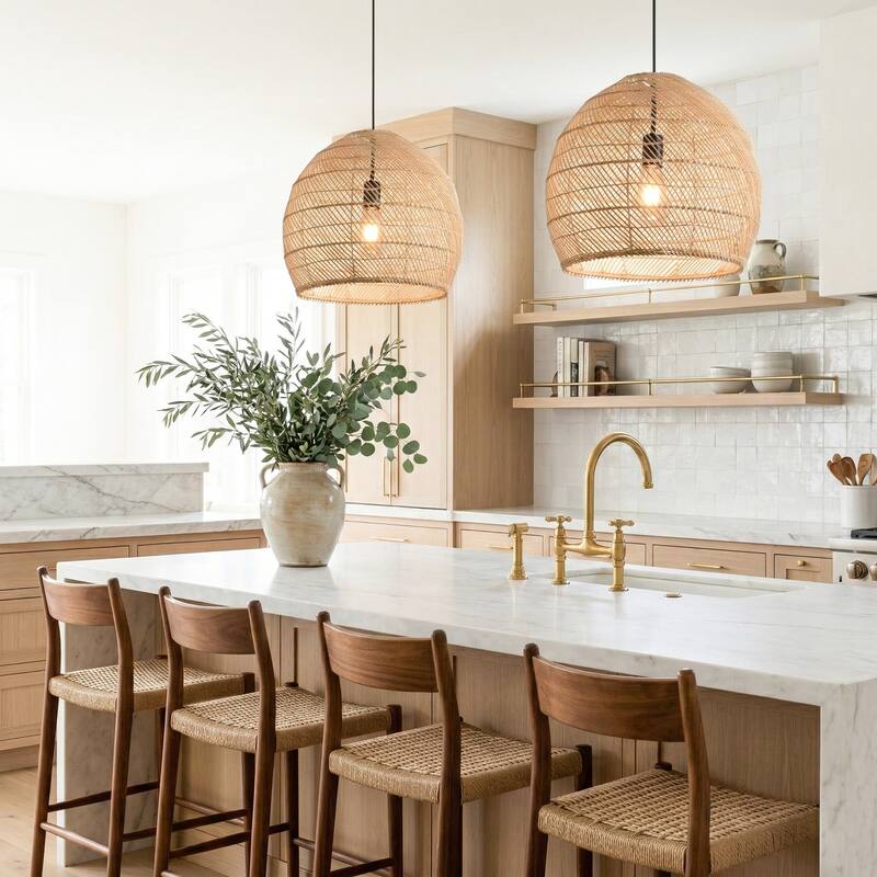 1-Light Coastal Style Brown Hand-Woven Rattan Cloche Hanging Lamp - 15.7" W x 62.9" H