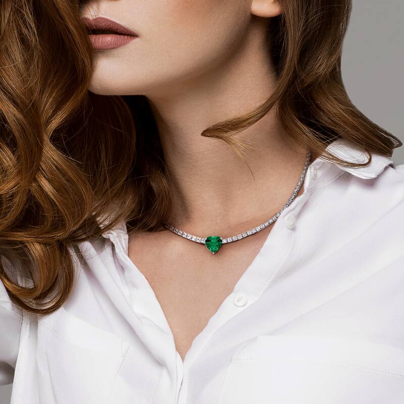 Miadora 18 CT TGW Heart Shaped Green Cubic Zirconia & Created White Sapphire Tennis Necklace in Sterling Silver