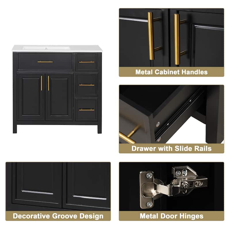 36" Bathroom Vanity with Ceramic Sink, Solid Rubber Wood & MDF Cabinet, 2 Doors, 3 Drawers, Painted Finish