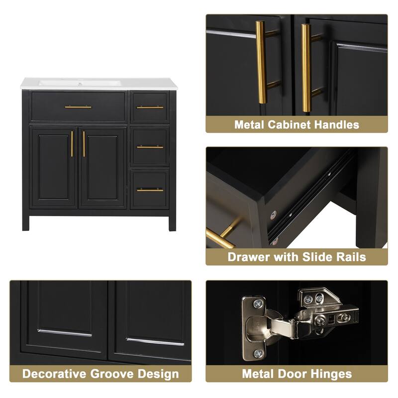 Roomfitters 36" Bathroom Vanity with Sink, Left-Side Basin, Solid Wood Frame, 2 Doors & 3 Drawers