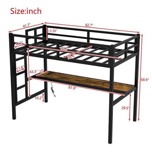 Twin XL Size Metal Loft Bed with Power Outlet and LED Lighted, Space-Saving, Noise Reduced