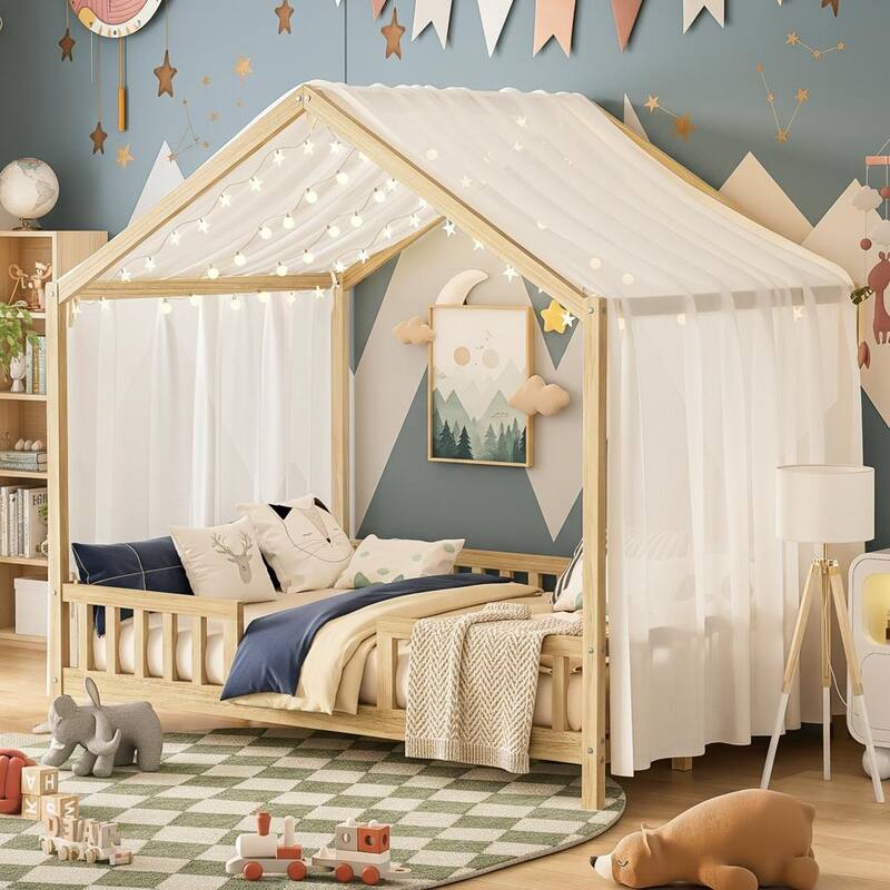 Whimsical Montessori-Inspired Floor Bed with Canopy & Full Safety Rails by Harper&Bright Designs - Natural - Full