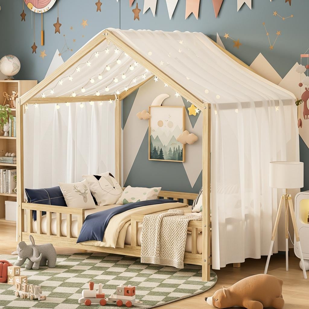 Whimsical Montessori-Inspired Floor Bed with Canopy & Full Safety Rails by Harper&Bright Designs