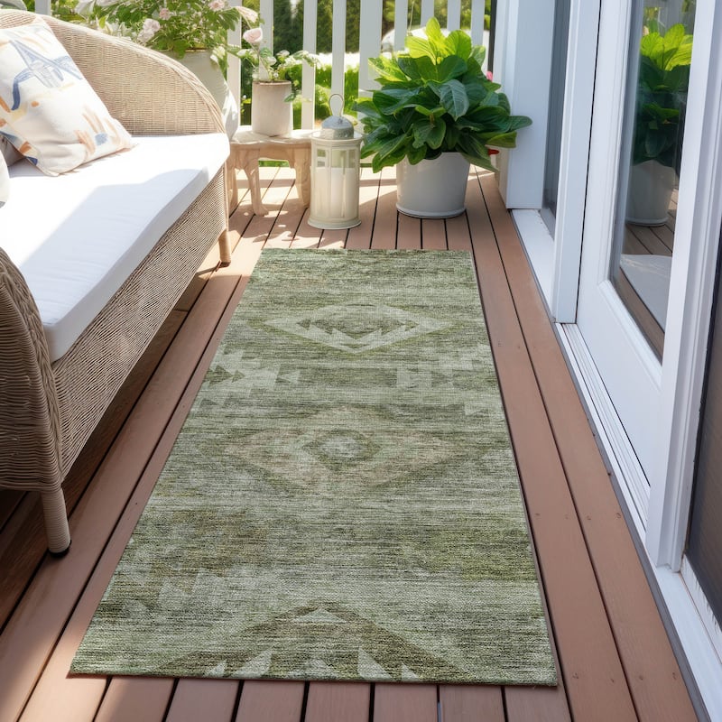 Machine Washable Indoor/ Outdoor Chantille Boho Tribal Rug - Olive - 2'3" x 7'6"