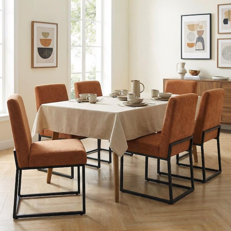 Mid Century Modern Dining Chair with Black Metal Legs - Set of 6 - Orange-unstriped