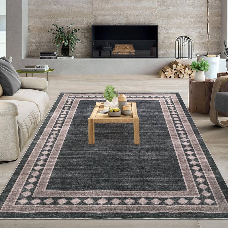 Modern Bordered Rug Non Slip Low Pile Area Rugs for Living Room, Machine Washable Area Rugs Soft Throw Rugs - 9'x12' - Black Brown