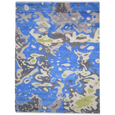 One of a Kind Hand-Knotted Modern 9' x 12' Abstract Wool Blue Rug - 9' x 12'