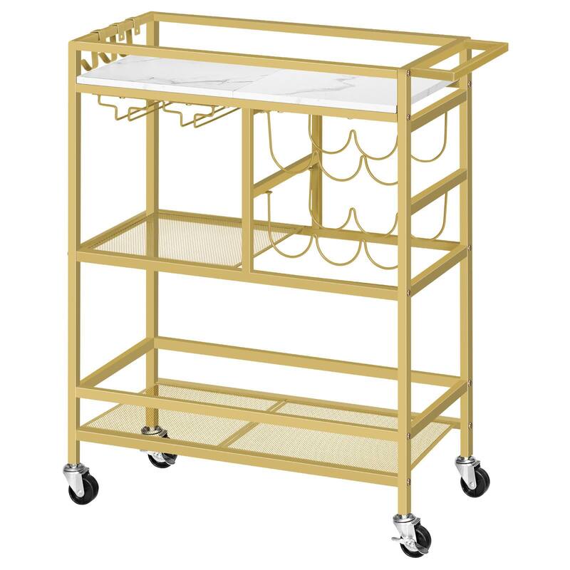 3-Tier Home Bar Serving Cart with Handle, Wine Rack, and Glass Holders - Gold & White