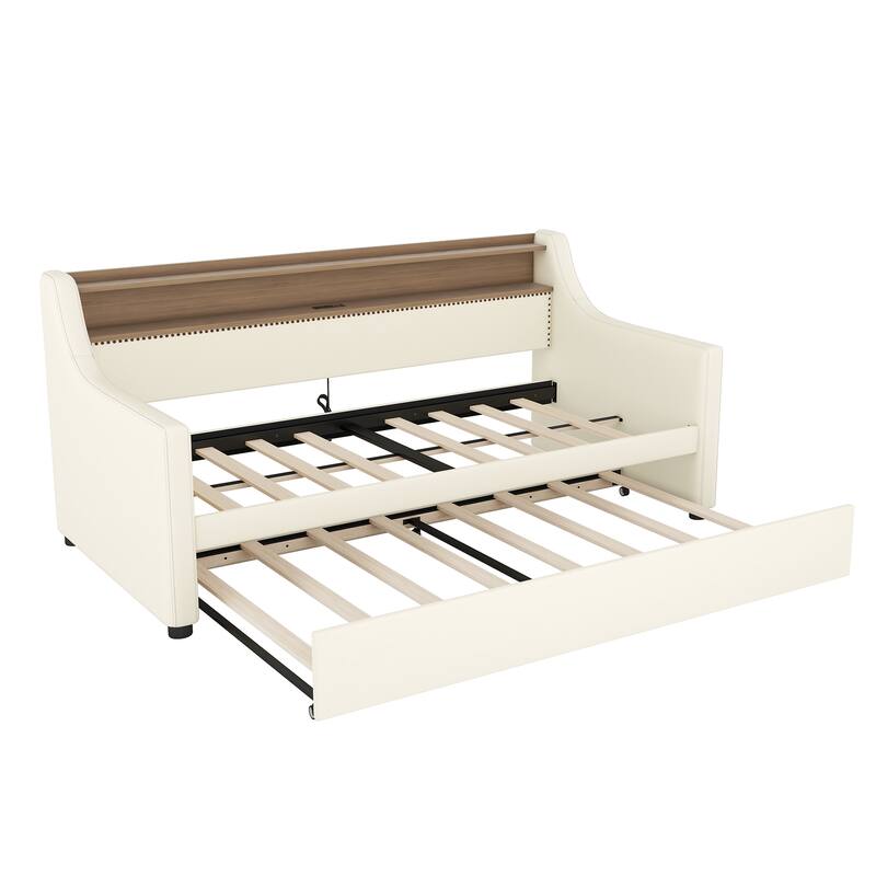 Twin Size Upholstered Daybed with Trundle, Charging Station, and LED Lights in White