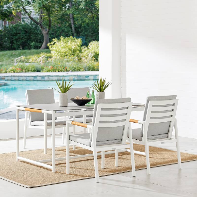 Crown 5 Piece Aluminum and Teak Outdoor Dining Set with Grey Fabric