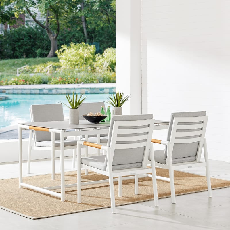 Crown 63" Aluminum and Teak Outdoor Patio Dining Table with Stone Top