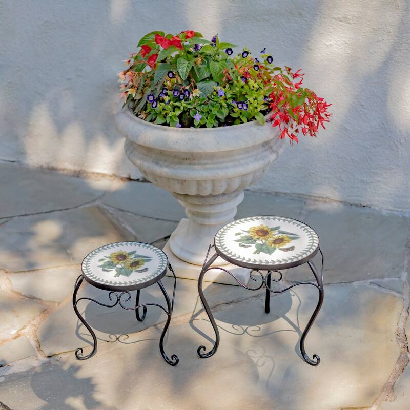 "Marisol" Set of 2 Round Iron Mosaic Plant Stands - 11.81" X 11.81" X 14.17" H