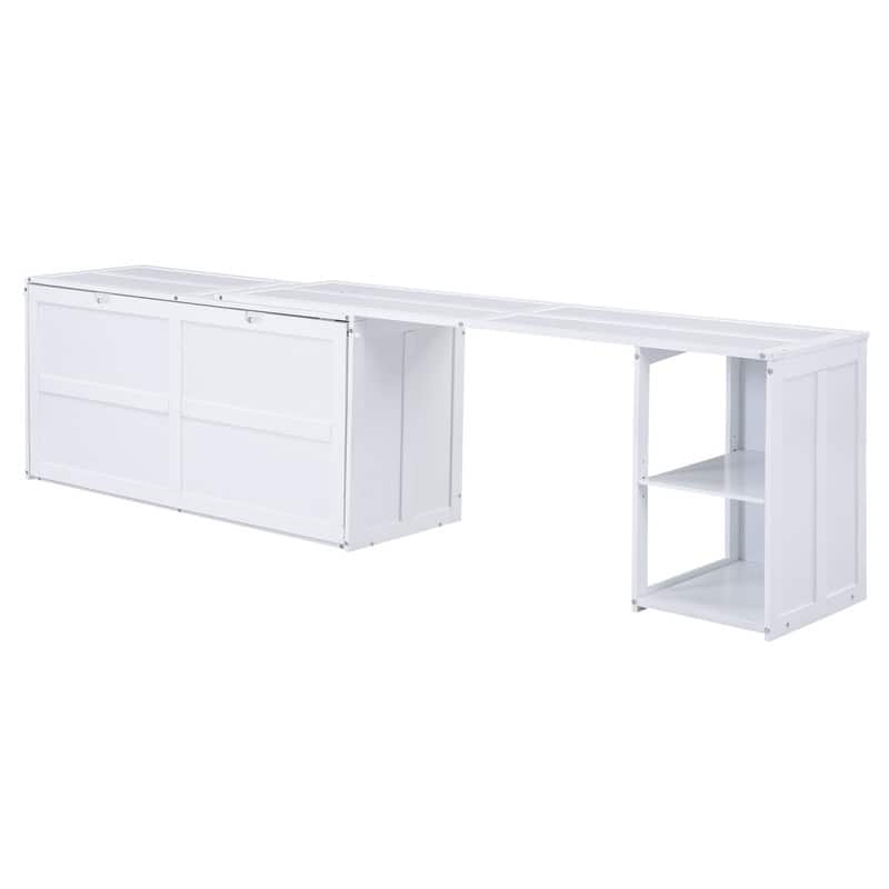 Queen Size Mobile Murphy Cube Cabinet Bed with Rotable Desk, Solid Wood Murphy Bed Chest Platform Murphy Bed for Guest Room