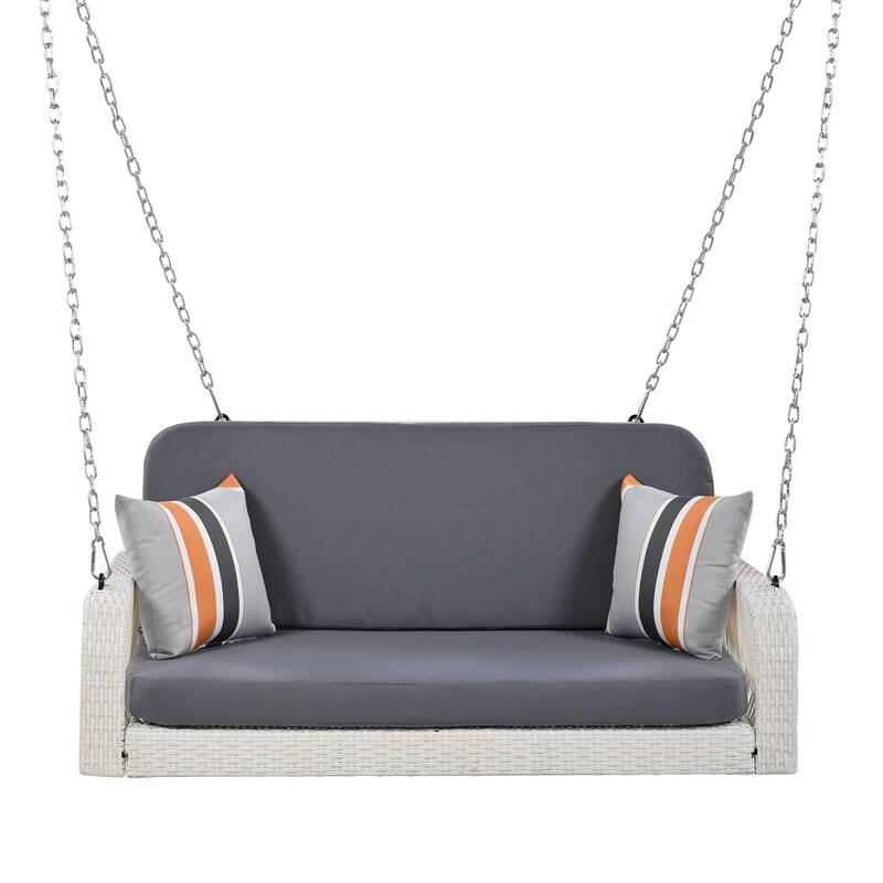 2-Person Outdoor Wicker Porch Swing with Cushions and Colorful Pillows
