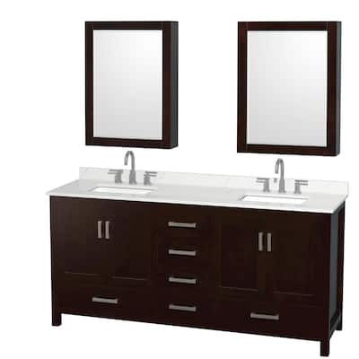 Sheffield 72-inch Double Vanity, 3 Hole Quartz Top, Med Cabinets