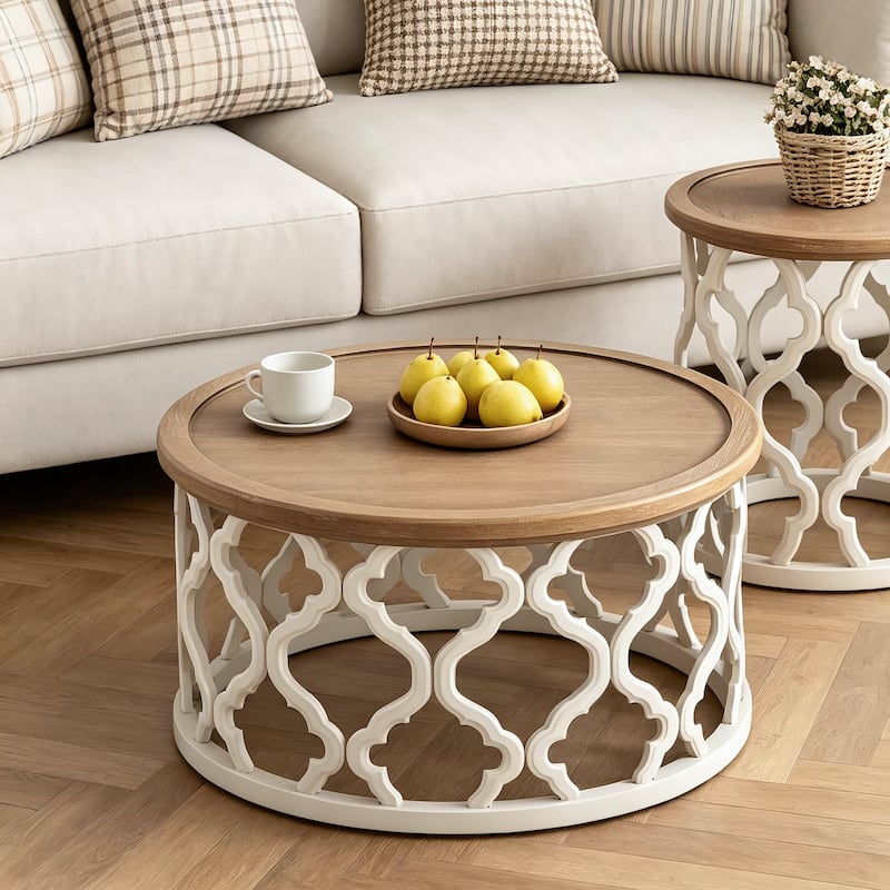 COZAYH Farmhouse End Table, Distressed Tray Top Coffee Table with Curved Motif Frame Base for Boho, Rustic, French Country