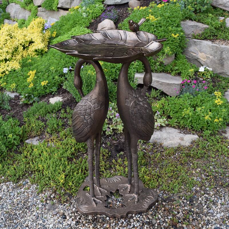 Cast Aluminum 30-in Twin Crane Bird Bath with Leaf Bowl - Gold