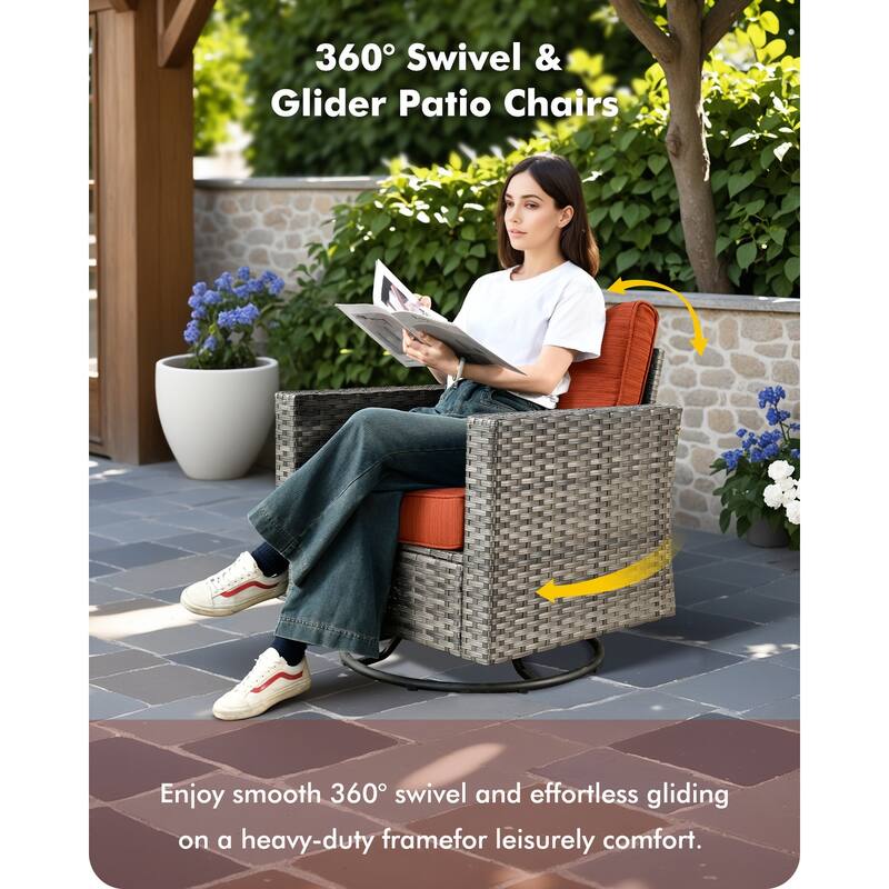 OVIOS 10 Pieces Outdoor Swivel Chair Set with Solar-Powered Table & 54" Fire Table