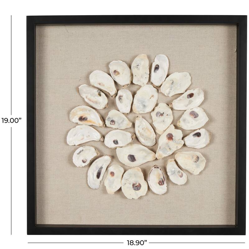 Cream Shell Handmade Abstract Circular Shell Wall Decor with Beige Linen Backing and Black Frame