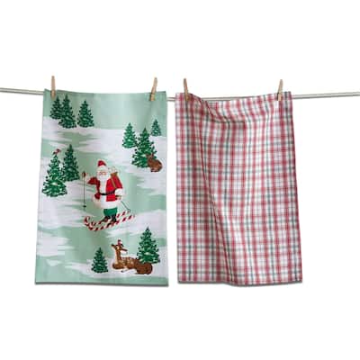 Skiing Santa Dishtowel Set of 2 - Colorful Cotton Kitchen Towels, Everyday Use, Machine Wash, 26" x 18"