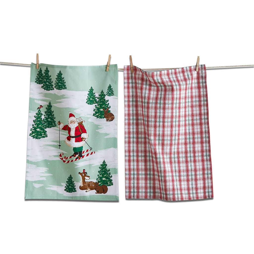 Skiing Santa Dishtowel Set of 2 - Colorful Cotton Kitchen Towels, Everyday Use, Machine Wash, 26" x 18"