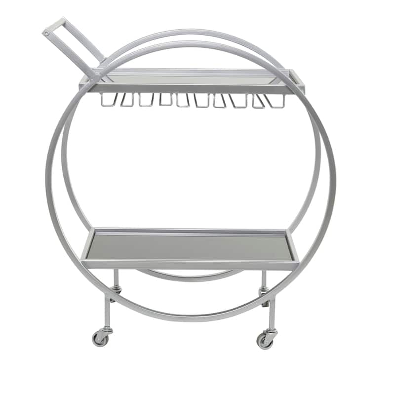Metal Rolling 2 Mirrored Shelves Bar Cart with Wine Glass Storage and Handle - Rose Gold, Silver or Black - Roche River Decor
