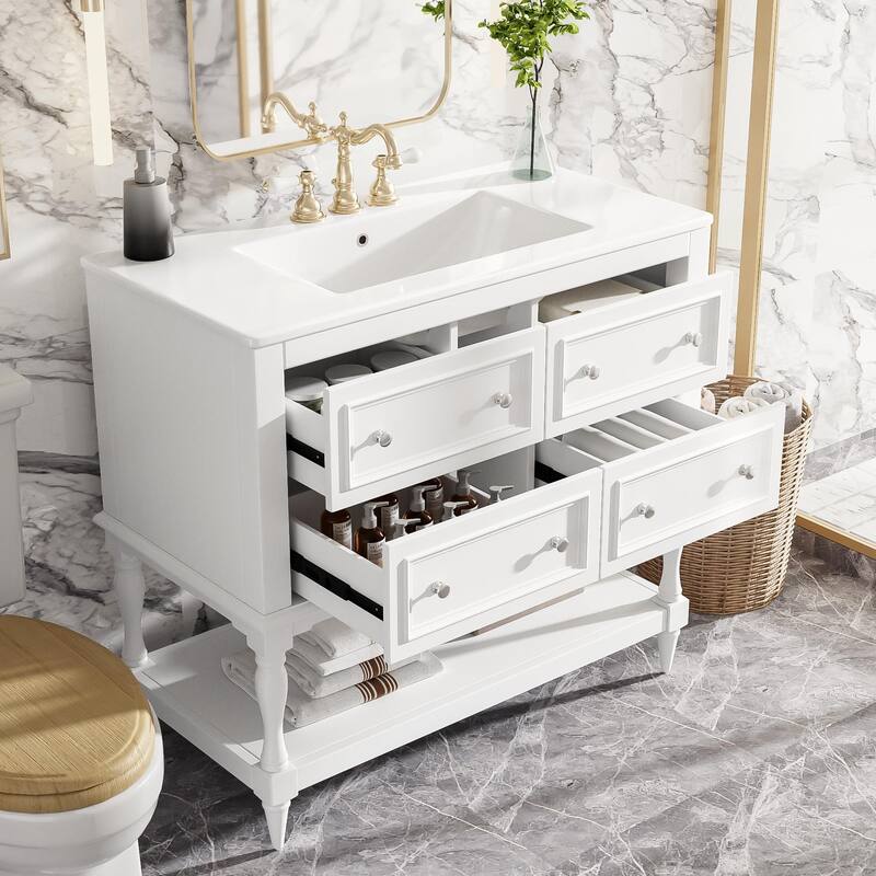 Bathroom Vanity with Ceramic Sink, Solid Wood Vanity Set with 4 Drawers, Bathroom Storage Cabinet with Open Shelf